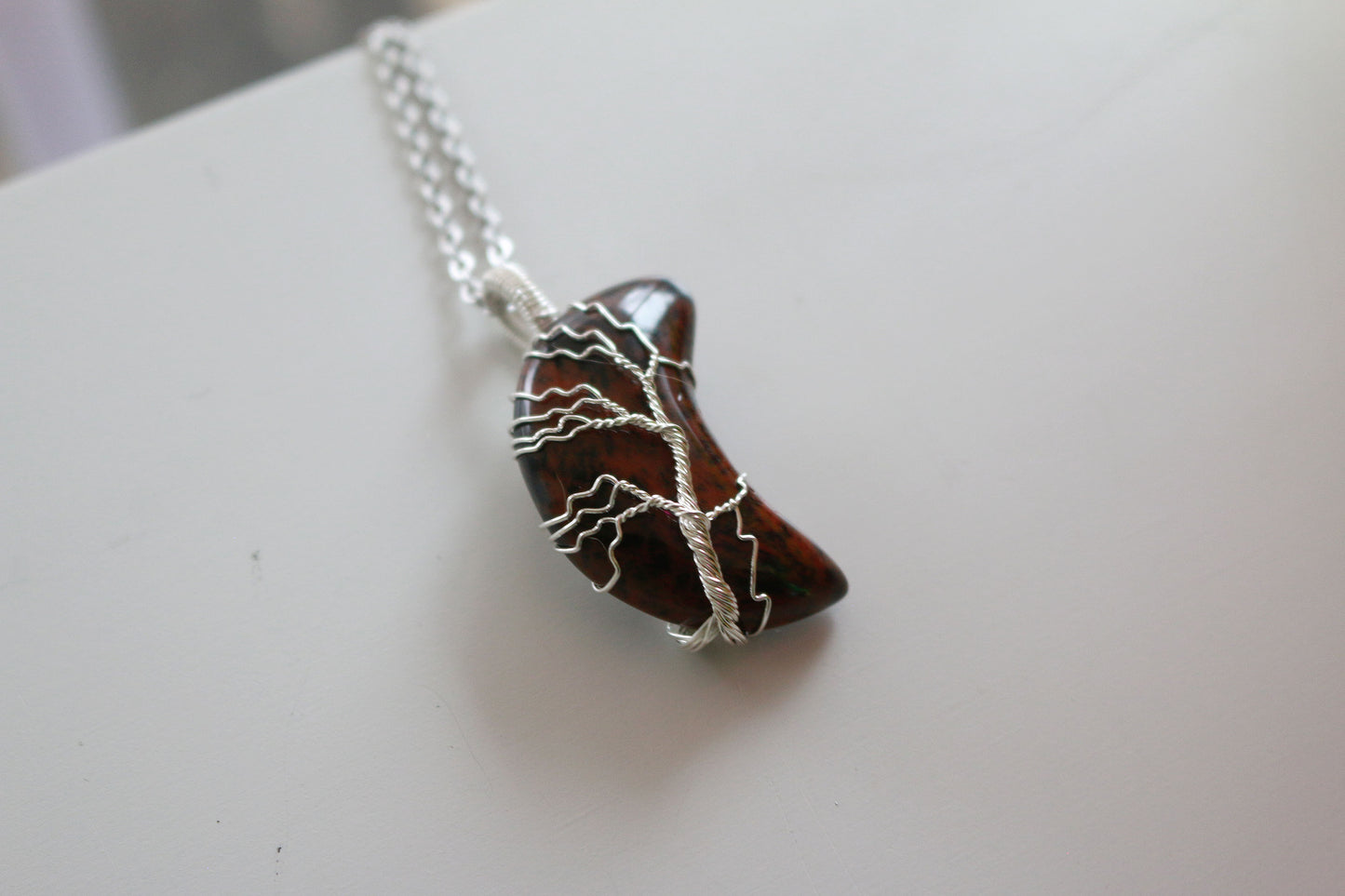 Mahogany Obsidian Wire Wrapped Moon Necklace
