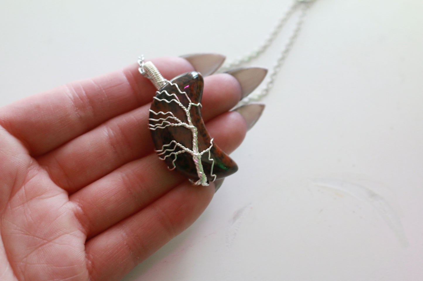 Mahogany Obsidian Wire Wrapped Moon Necklace