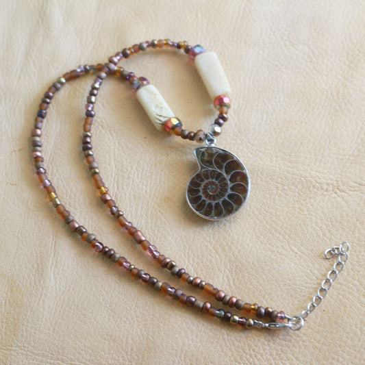 Coyote Bone & Ammonite Beaded Necklace