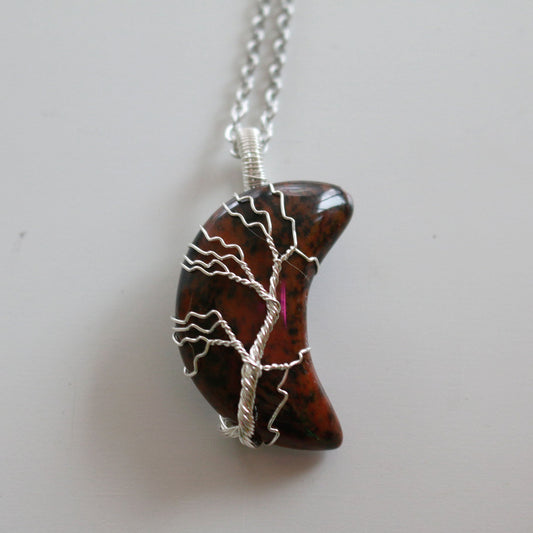 Mahogany Obsidian Wire Wrapped Moon Necklace