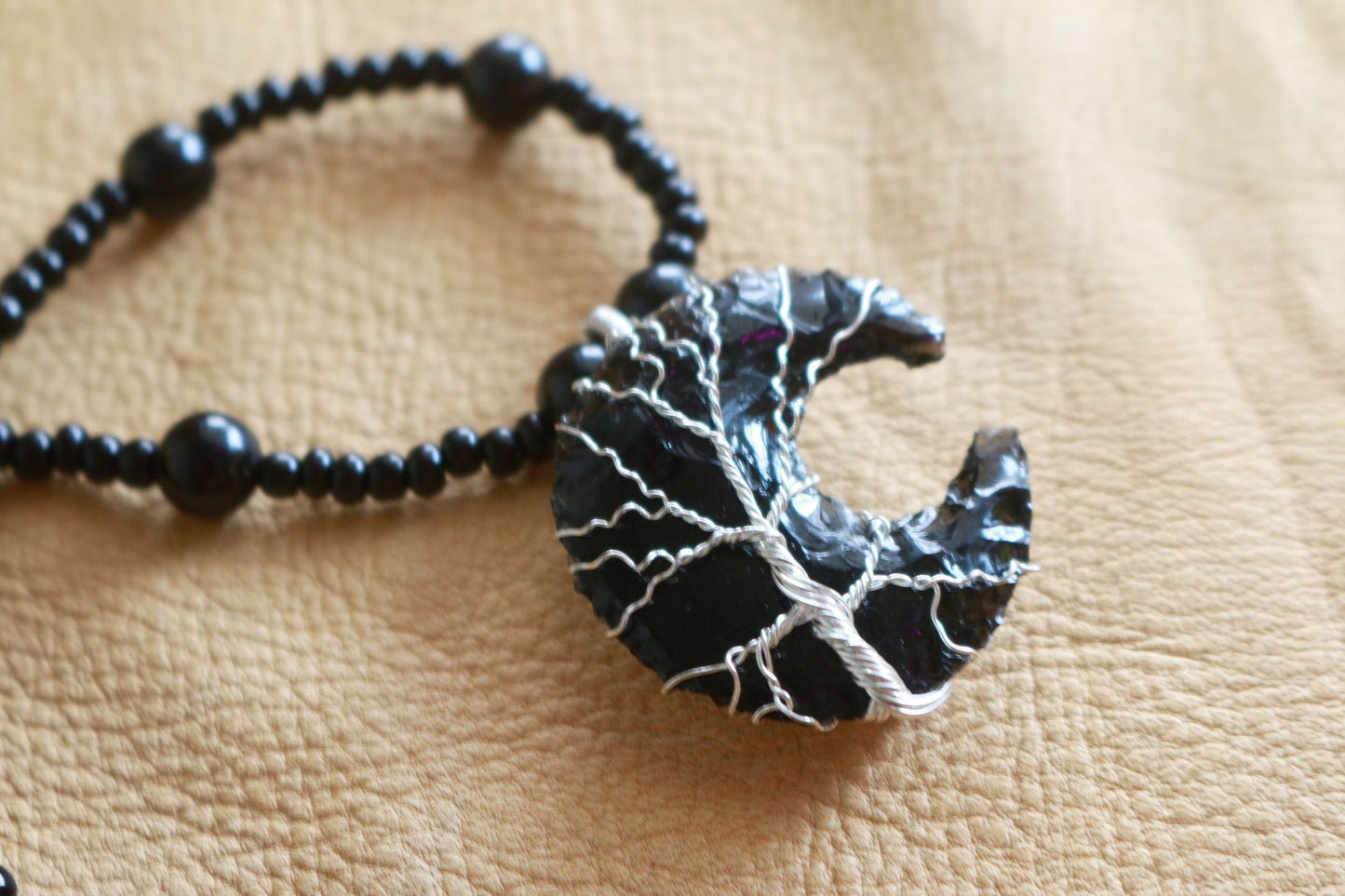 Obsidian Moon Beaded Necklace