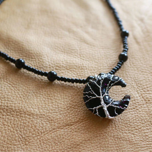 Obsidian Moon Beaded Necklace