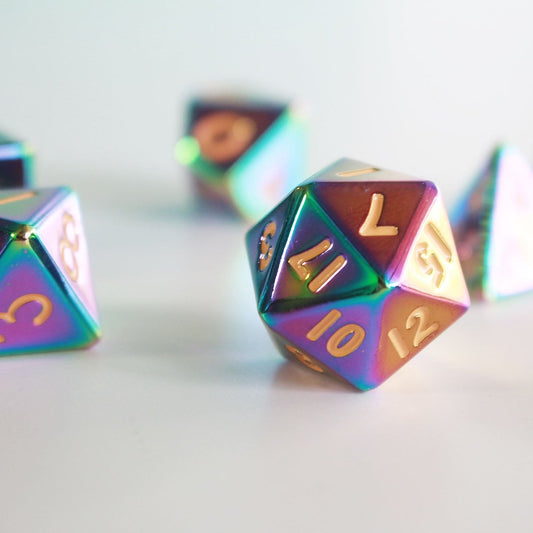 Flame Torched Rainbow Metal Polyhedral Dice Set